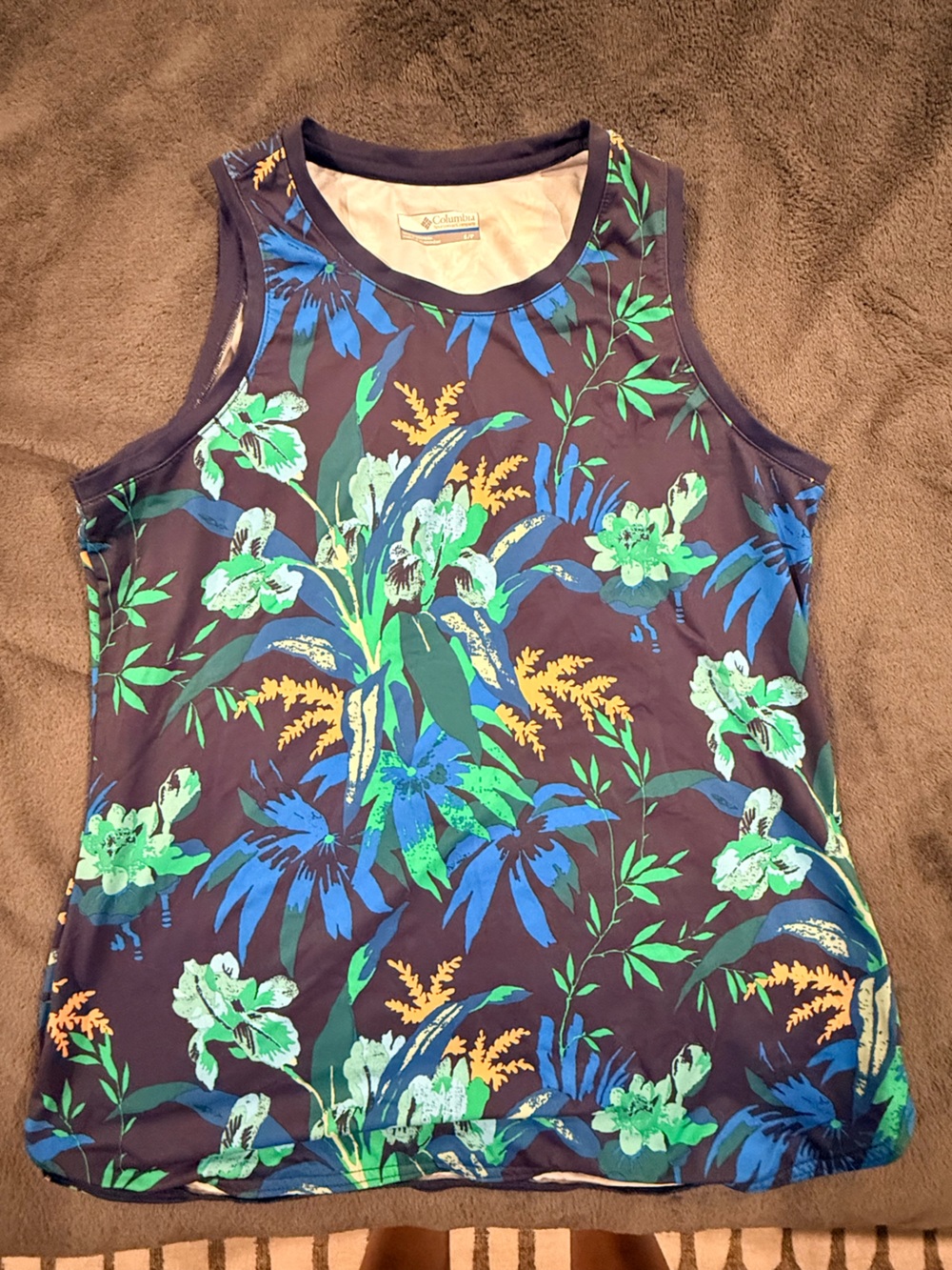 Columbia Dark Blue Floral Tank with Green, Blue & Yellow Print Size Small